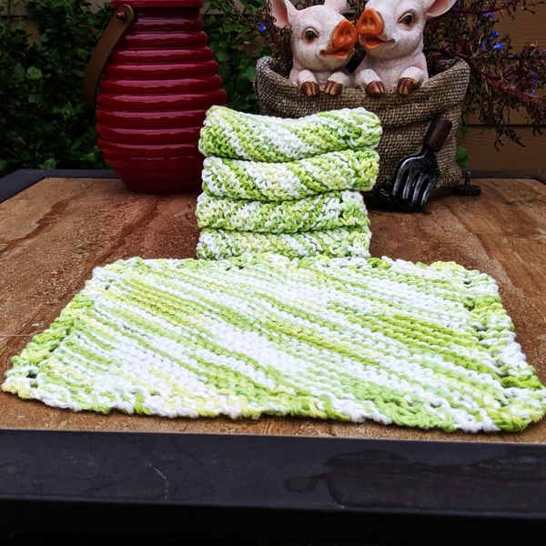 Set of Four Hand-Knit Washcloths, 100% Cotton Dishrags, "Key Lime Pie" White, Yellow, Lime Green