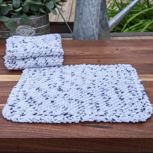 Set of Four Hand-Knit Washcloths, 100% Cotton Dishrags, Dark Gray & Off-White