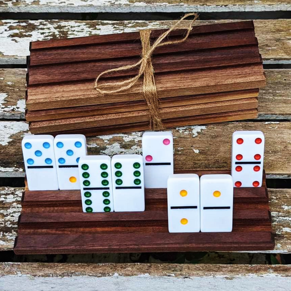 Set of FOUR Mini Black Walnut Wood Domino Holders with 3 Angled Domino Slots, Set of 4 Small Wooden Domino Rack Stands.