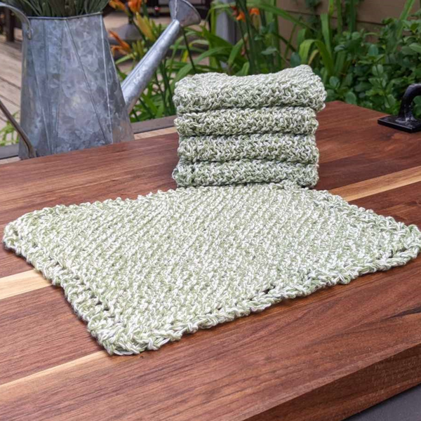 Set of Four Hand-Knit Washcloths, 100% Cotton Dishrags, Sage Green & White