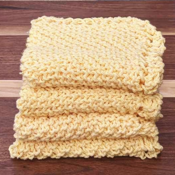 Set of Four Hand-Knit Washcloths, 100% Cotton Dishrags, Bright Yellow