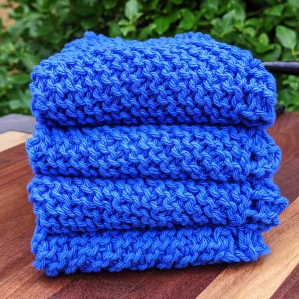 Set of Four Hand-Knit Washcloths, 100% Cotton Dishrags Bright Cobalt Blue