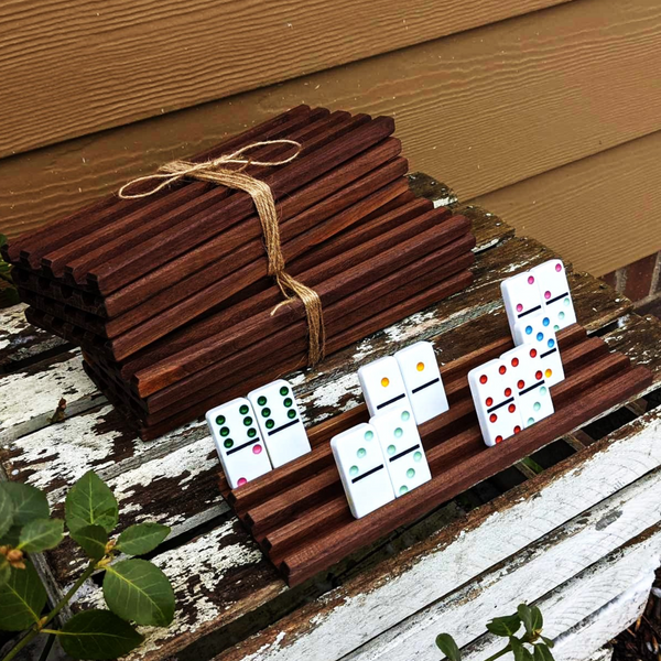 Set of FOUR Black Walnut Wood Domino Holders with 4 Angled Domino Slots Wooden Domino Game Rack Stands.
