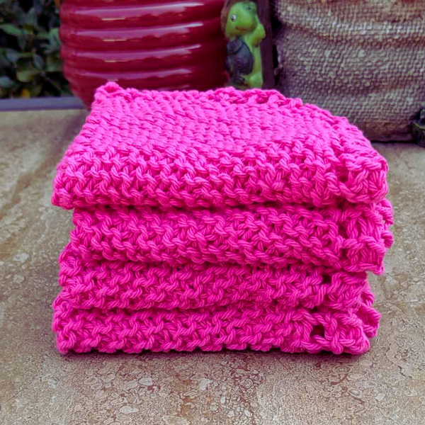 Set of Four Hand-Knit Washcloths, 100% Cotton Dish Cloths, Bright Magenta