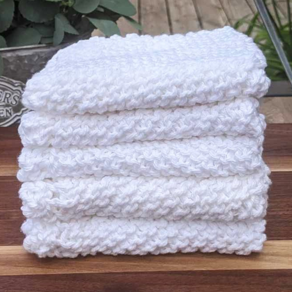 Set of Four Hand-Knit Washcloths, 100% Cotton Dishrags, White