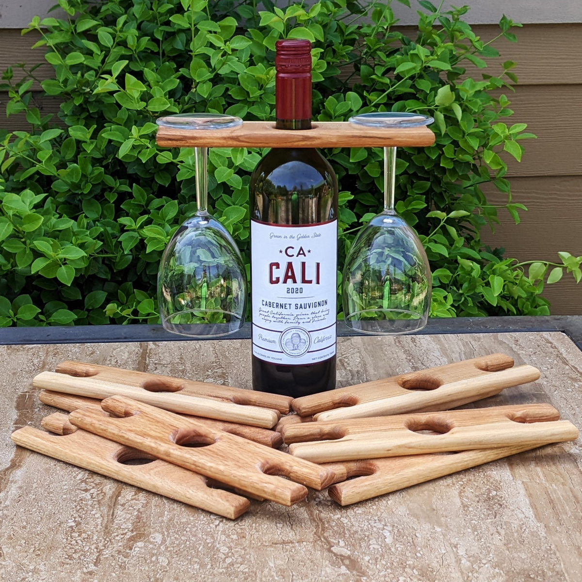wine glass organizer Oak Hardwood Wine Bottle & Glass Caddy 2-Glass