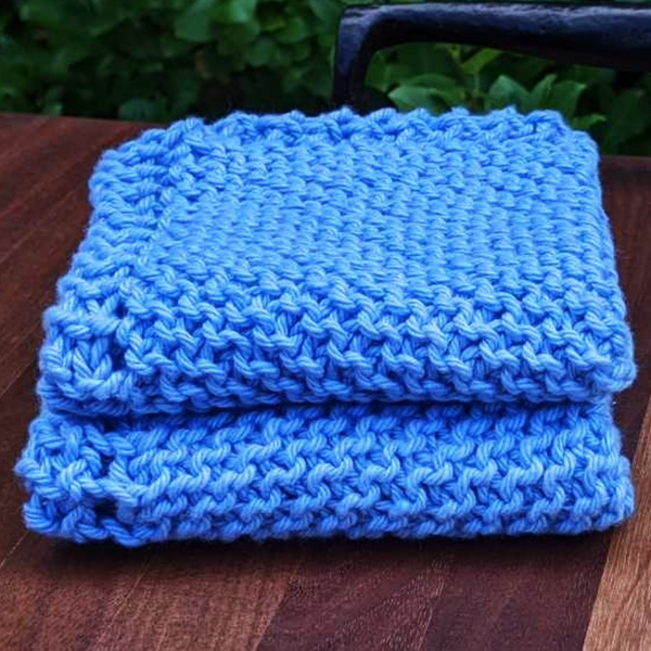 Set of Two Hand-Knit Washcloths, 100% Cotton Dishrags, Blue