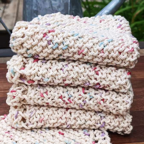 Set of Four Hand-Knit Washcloths, 100% Cotton Dishrags, Cream, Light Blue, & Light Pink
