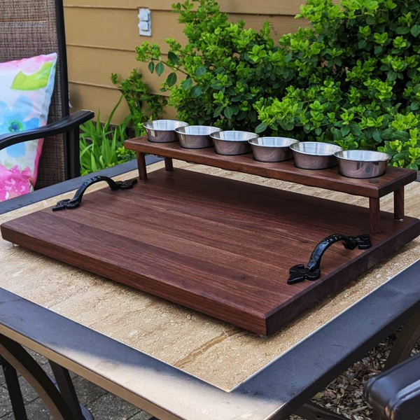 Black Walnut Wood Beer Flight Butcher Block / Charcuterie Board with 5.5 oz. Taster Glasses, Stainless Steel Sauce Cups, Cast Iron Handles, & Clear Rubber Grip Feet