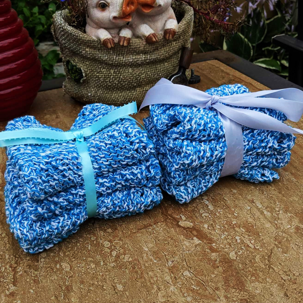 Set of Four Hand-Knit Washcloths, 100% Cotton Dishrags, Blue and White