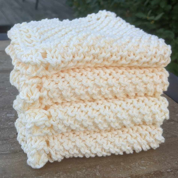 Set of Four Hand-Knit Washcloths, 100% Cotton Dishrags Light Soft Yellow