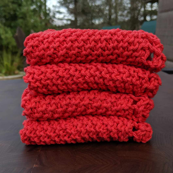 Set of Four Hand-Knit Washcloths, 100% Cotton Dishrags, Red
