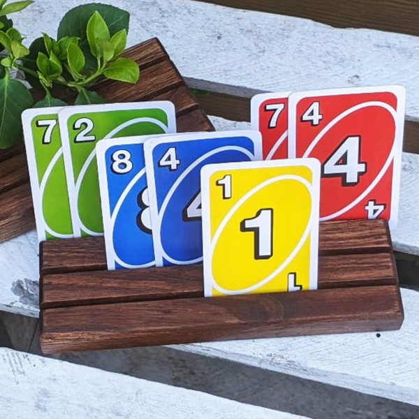 Set of FOUR Black Walnut Wood Playing Card Holders with 3 Angled Card Slots