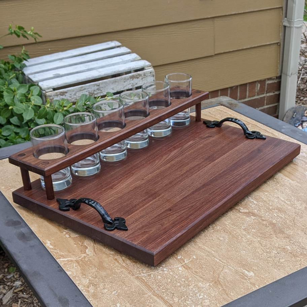 Black Walnut Wood Beer Flight Butcher Block / Charcuterie Board with 5.5 oz. Taster Glasses, Stainless Steel Sauce Cups, Cast Iron Handles, & Clear Rubber Grip Feet