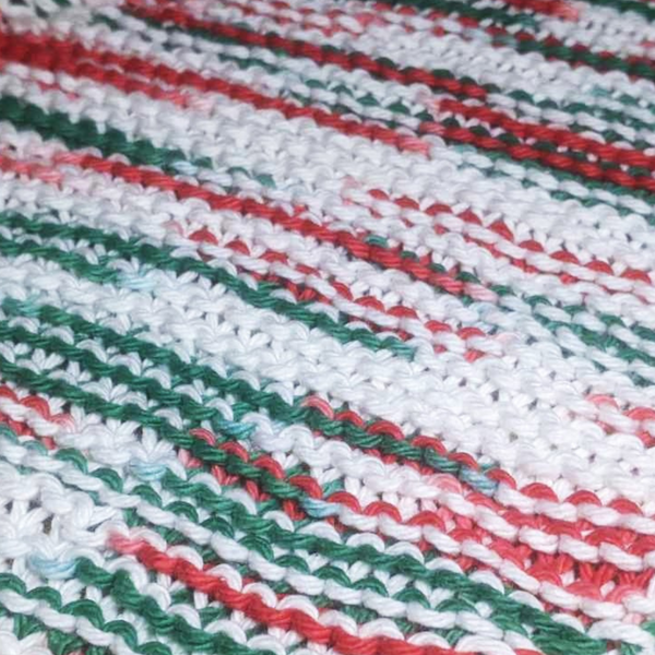 Four Hand-Knit Washcloths, 100% Cotton Dishrags, "Mistletoe" Christmas Red, Green, & White