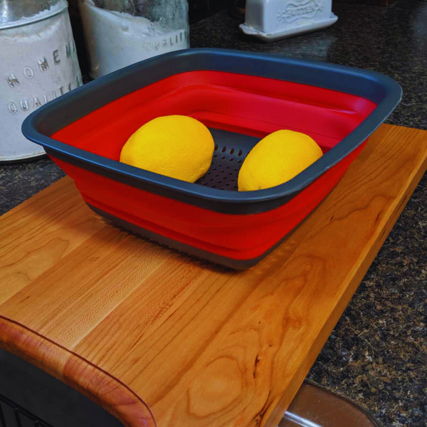 Cherry Wood Edge Grain Cutting Board with Colander and Clear Rubber Grip Feet