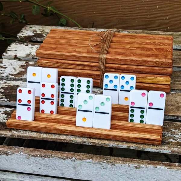 Set of FOUR Medium Sized Oak Wood Domino Holders with 4 Angled Domino Slots, Wooden Domino Organizers