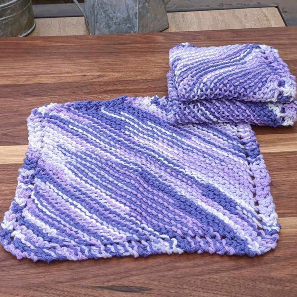 Set of Three Hand-Knit Washcloths, 100% Cotton Dishrags, Light Purple, Dark Purple, & White