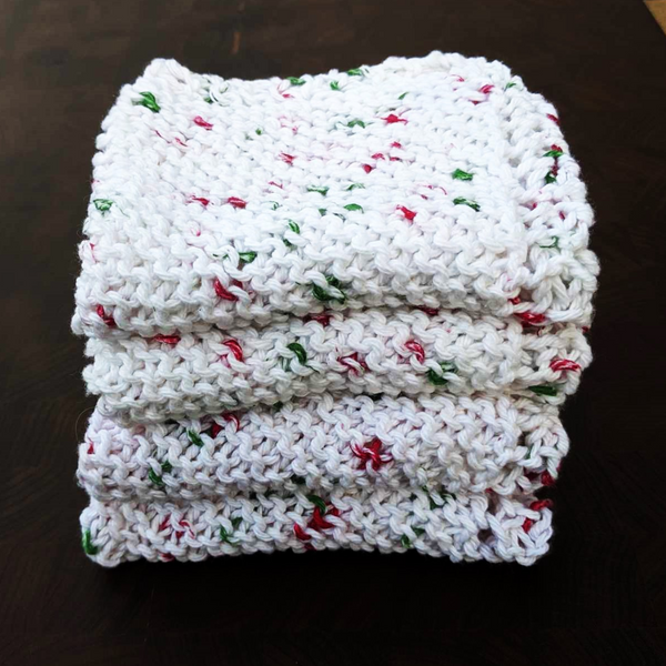 Four Hand-Knit Washcloths, 100% Cotton Dishrags, "Holly Jolly" Christmas Red, Green, & White