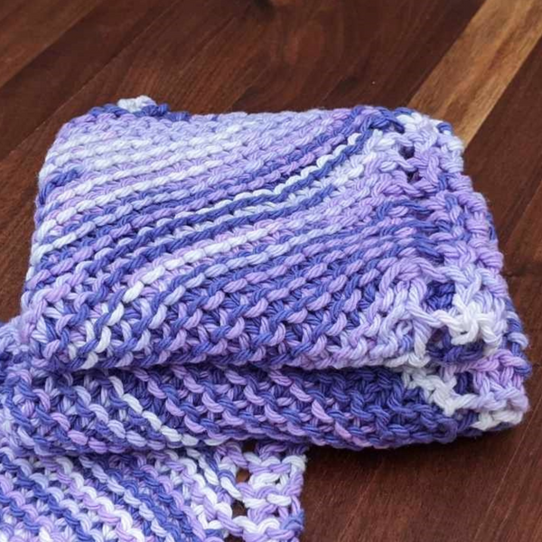 Set of Three Hand-Knit Washcloths, 100% Cotton Dishrags, Light Purple, Dark Purple, & White