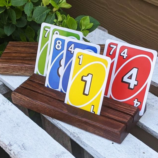 Set of FOUR Black Walnut Wood Playing Card Holders with 3 Angled Card Slots