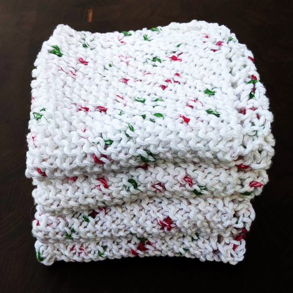 Four Hand-Knit Washcloths, 100% Cotton Dishrags, "Holly Jolly" Christmas Red, Green, & White