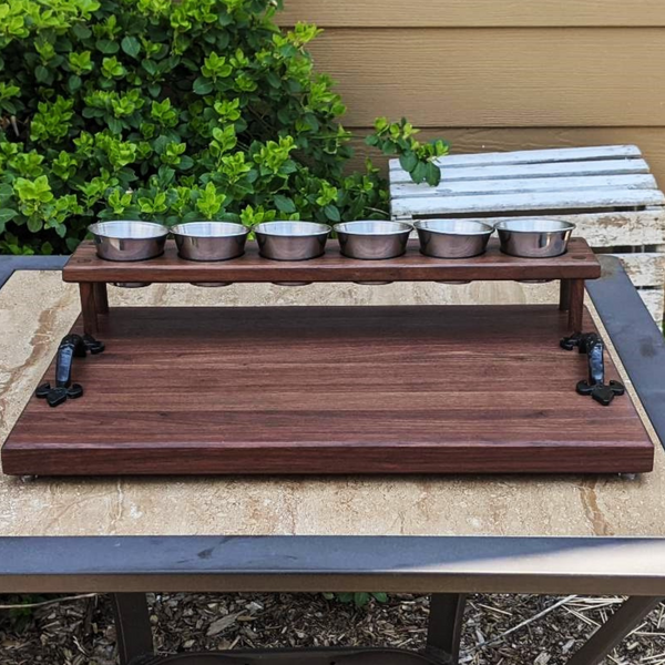 Black Walnut Wood Beer Flight Butcher Block / Charcuterie Board with 5.5 oz. Taster Glasses, Stainless Steel Sauce Cups, Cast Iron Handles, & Clear Rubber Grip Feet