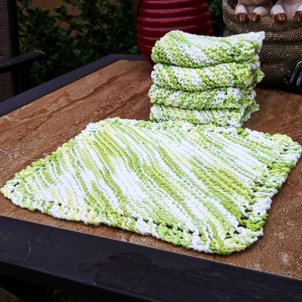 Set of Four Hand-Knit Washcloths, 100% Cotton Dishrags, "Key Lime Pie" White, Yellow, Lime Green