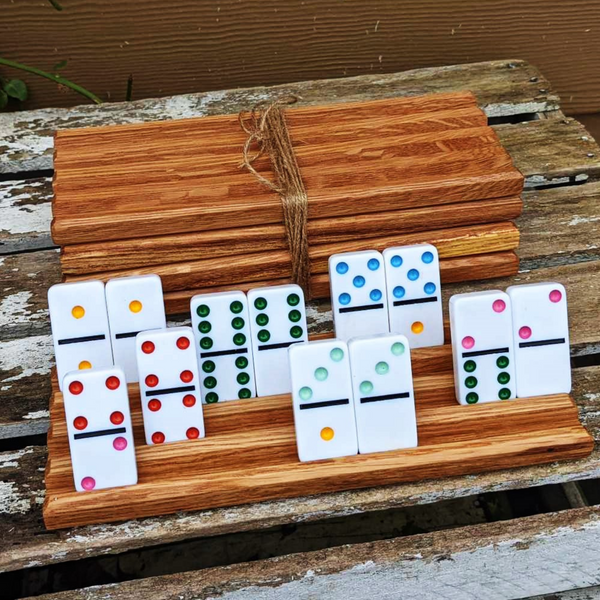 Set of FOUR Medium Sized Oak Wood Domino Holders with 4 Angled Domino Slots, Wooden Domino Organizers