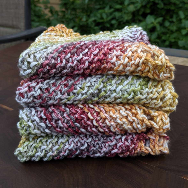 Set of Four Ombre Hand-Knit Washcloths, 100% Cotton Dishrags, Maroon, Mustard Yellow, Sage Green, and White