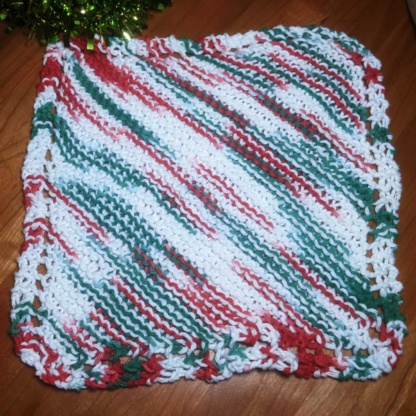 Four Hand-Knit Washcloths, 100% Cotton Dishrags, "Mistletoe" Christmas Red, Green, & White