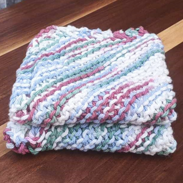 Set of Two Hand-Knit Washcloths, 100% Cotton Dishrags, Purple, White, & Blue