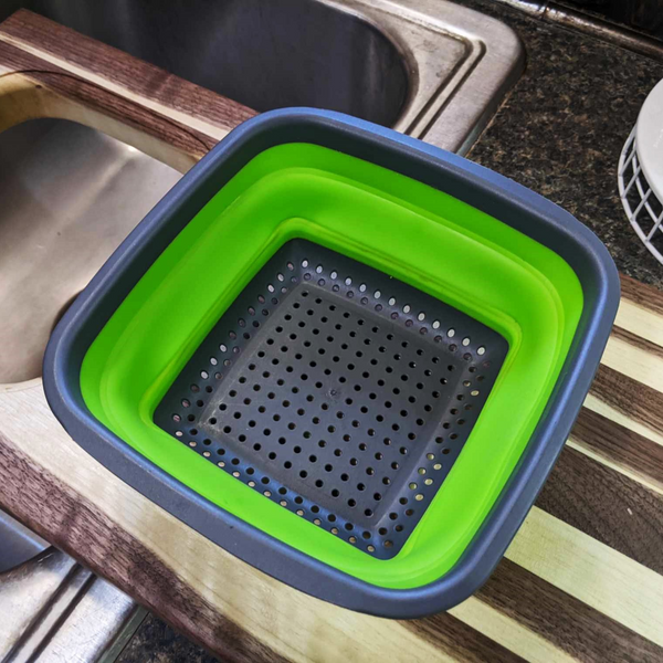 Large Over The Sink Black Walnut Edge Grain Cutting Board with Colander and Clear Rubber Grip Feet