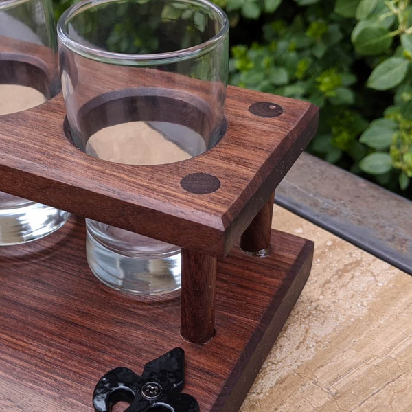 Black Walnut Wood Beer Flight Butcher Block / Charcuterie Board with 5.5 oz. Taster Glasses, Stainless Steel Sauce Cups, Cast Iron Handles, & Clear Rubber Grip Feet