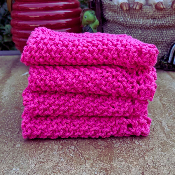 Set of Four Hand-Knit Washcloths, 100% Cotton Dish Cloths, Bright Magenta