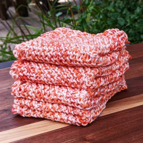 Set of Four Hand-Knit Washcloths, 100% Cotton Dishrags Orange & White