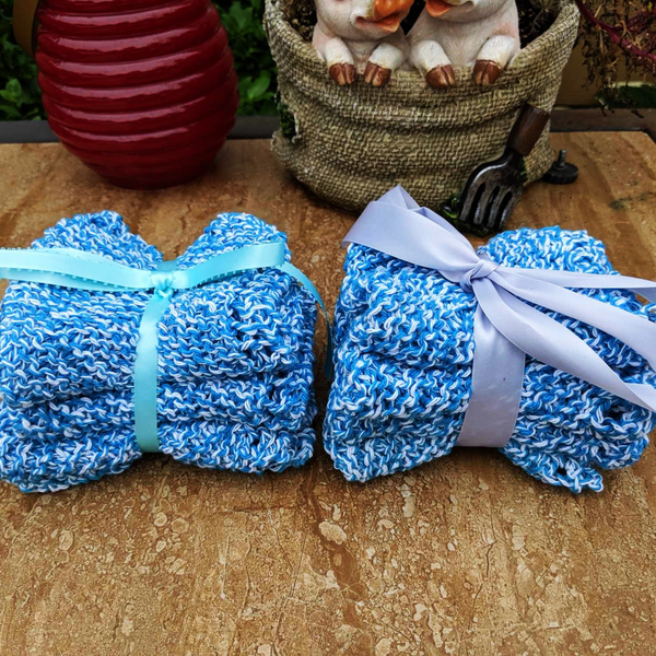 Set of Four Hand-Knit Washcloths, 100% Cotton Dishrags, Blue and White