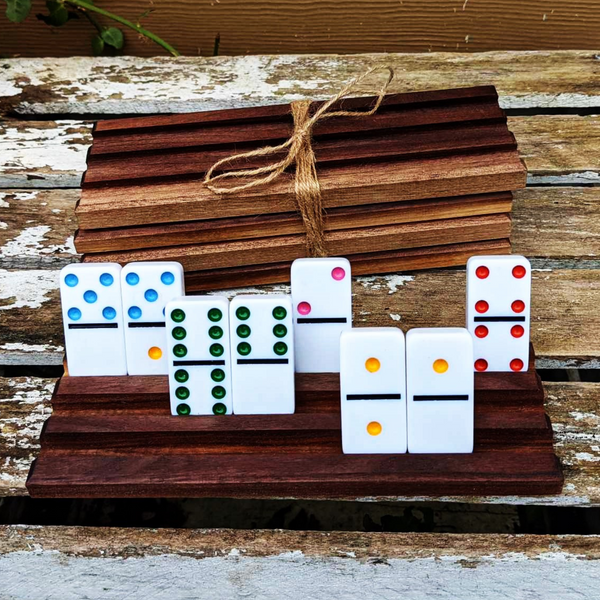 Set of FOUR Mini Black Walnut Wood Domino Holders with 3 Angled Domino Slots, Set of 4 Small Wooden Domino Rack Stands.