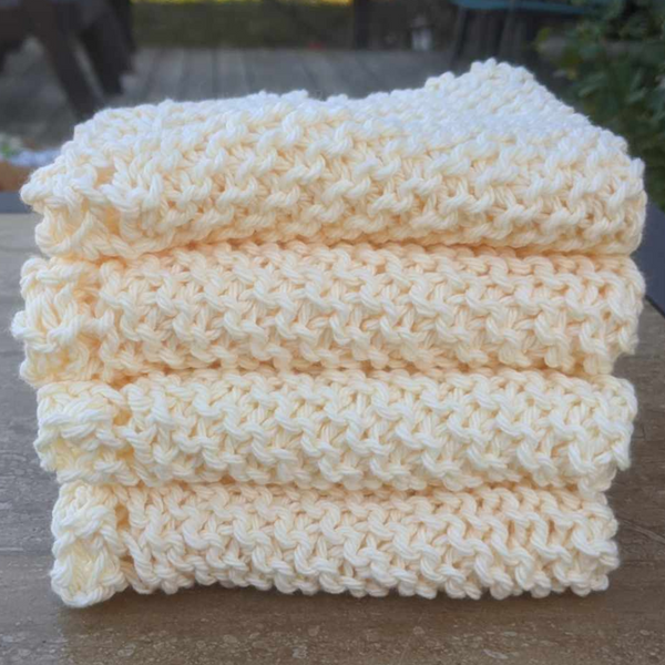 Set of Four Hand-Knit Washcloths, 100% Cotton Dishrags Light Soft Yellow