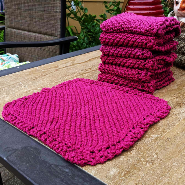Set of Four Hand-Knit Washcloths, 100% Cotton Dishrags Magenta / Fuschia