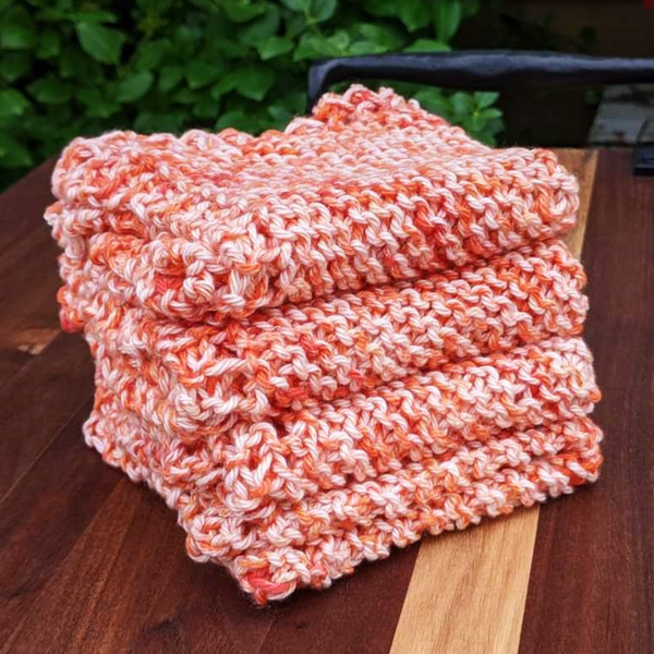 Set of Four Hand-Knit Washcloths, 100% Cotton Dishrags Orange & White