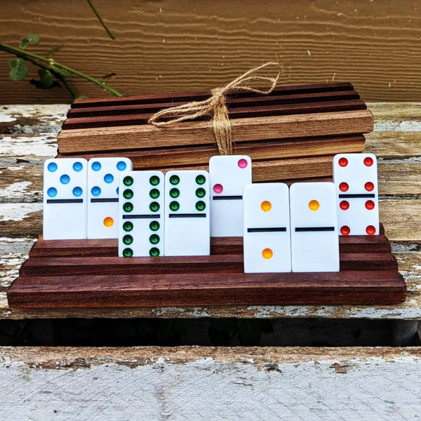 Set of FOUR Mini Black Walnut Wood Domino Holders with 3 Angled Domino Slots, Set of 4 Small Wooden Domino Rack Stands.