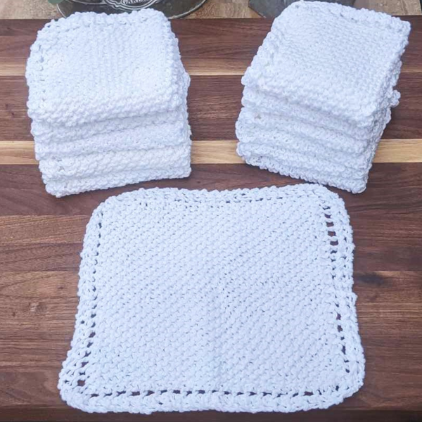 Set of Four Hand-Knit Washcloths, 100% Cotton Dishrags, White