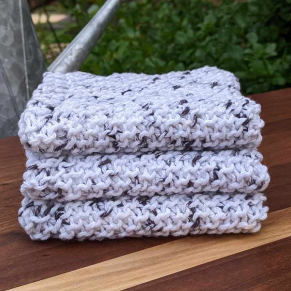 Set of Four Hand-Knit Washcloths, 100% Cotton Dishrags, Dark Gray & Off-White