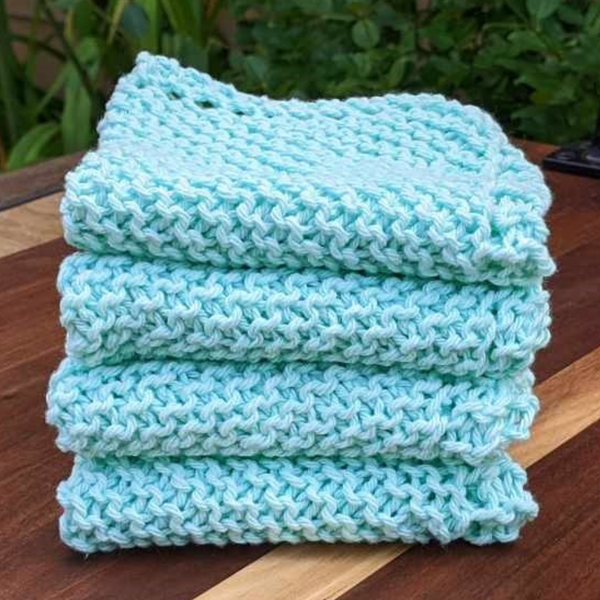 Set of Four Hand-Knit Washcloths, 100% Cotton Dishrags, Mint Green