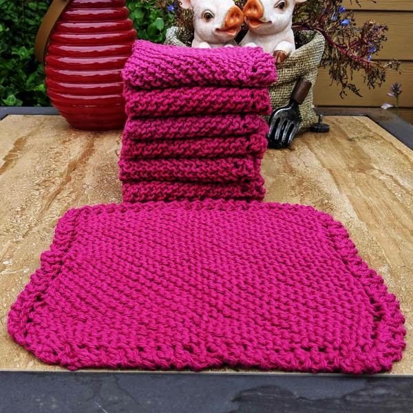 Set of Four Hand-Knit Washcloths, 100% Cotton Dishrags Magenta / Fuschia