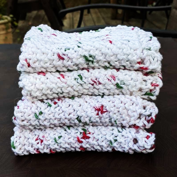 Four Hand-Knit Washcloths, 100% Cotton Dishrags, "Holly Jolly" Christmas Red, Green, & White