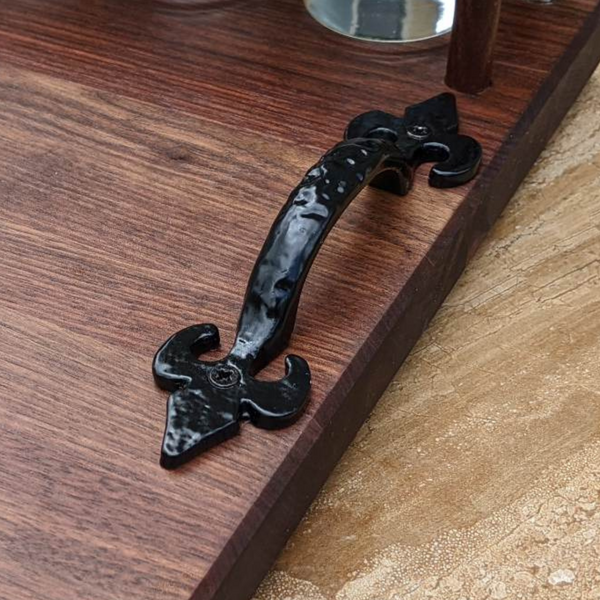 Black Walnut Wood Beer Flight Butcher Block / Charcuterie Board with 5.5 oz. Taster Glasses, Stainless Steel Sauce Cups, Cast Iron Handles, & Clear Rubber Grip Feet