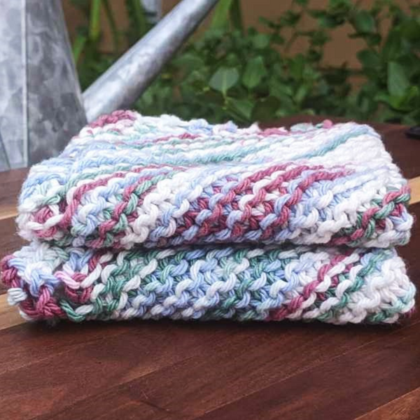 Set of Two Hand-Knit Washcloths, 100% Cotton Dishrags, Purple, White, & Blue