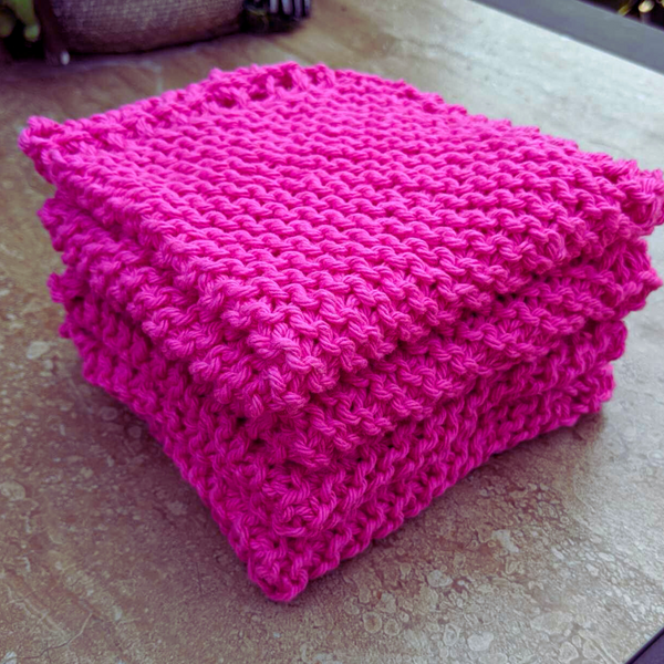 Set of Four Hand-Knit Washcloths, 100% Cotton Dish Cloths, Bright Magenta